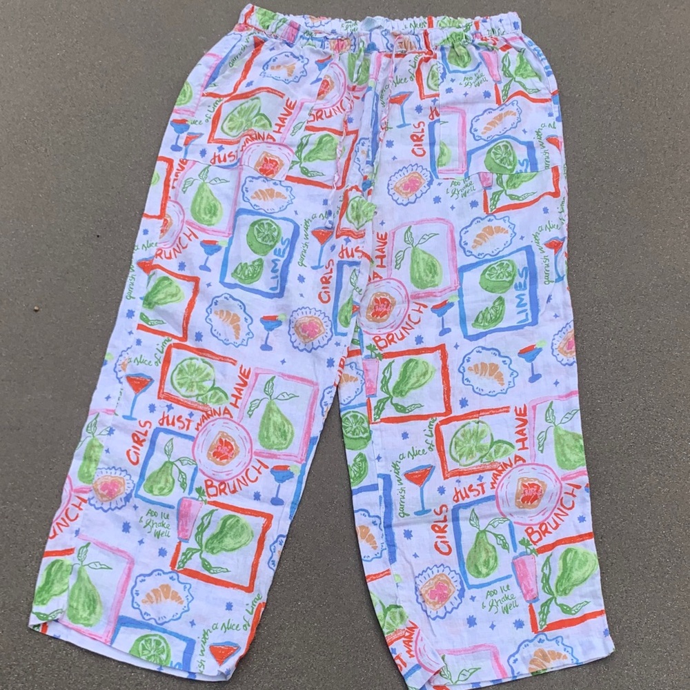 Brunch Print Casual Drawstring Pants - White with Green & Blue